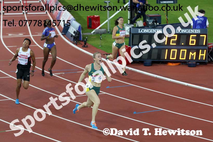 Sally Pearson (Australia) wins the 100 metres hurdles at the Commonwealth Games, Glasgow. Photo: David T. Hewitson/Sports for All Pics